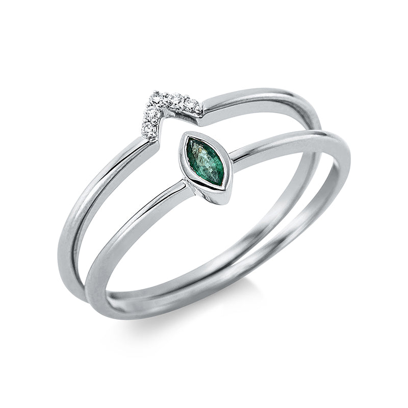 Ring 18 kt WG. 5 Brillanten 0.02 ct. TW-si. 1 Smaragd 0.08 ct grün. H:4.7 mm. B:6.6 mm. Weite:54