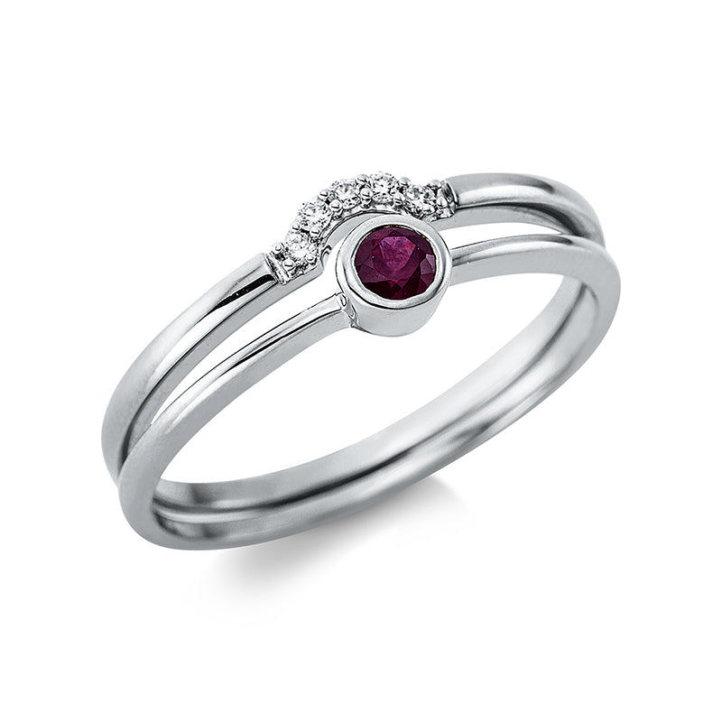 Ring 18 kt WG. 5 Brillanten 0.04 ct. TW-si. 1 Rubin 0.17 ct rot. H:7.2 mm. B:5.0 mm. Weite:54