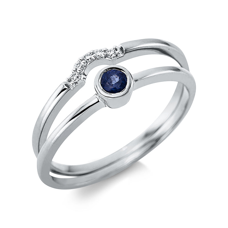 Ring 18 kt WG. 5 Brillanten 0.04 ct. TW-si. 1 Saphir 0.13 ct blau. Weite:54