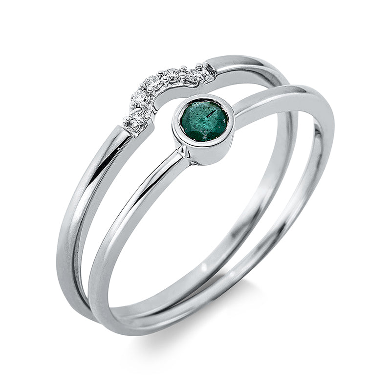 Ring 18 kt WG. 5 Brillanten 0.04 ct. TW-si. 1 Smaragd 0.15 ct grün. H:7.5 mm. B:5.2 mm. Weite:54
