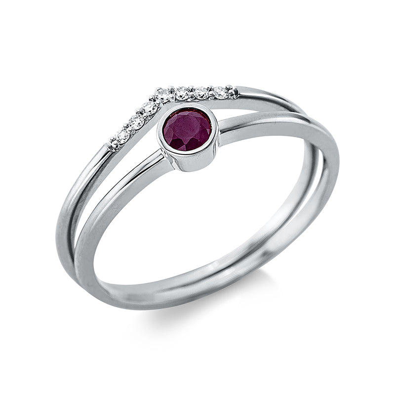 Ring 18 kt WG. 7 Brillanten 0.04 ct. TW-si. 1 Rubin 0.17 ct rot. H:10.2 mm. B:5.7 mm. Weite:54
