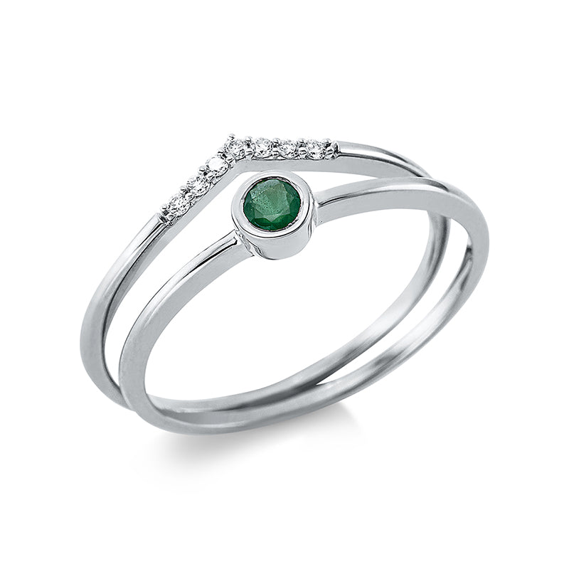 Ring 18 kt WG. 7 Brillanten 0.04 ct. TW-si. 1 Smaragd 0.11 ct grün. H:9.8 mm. B:5.4 mm. Weite:54