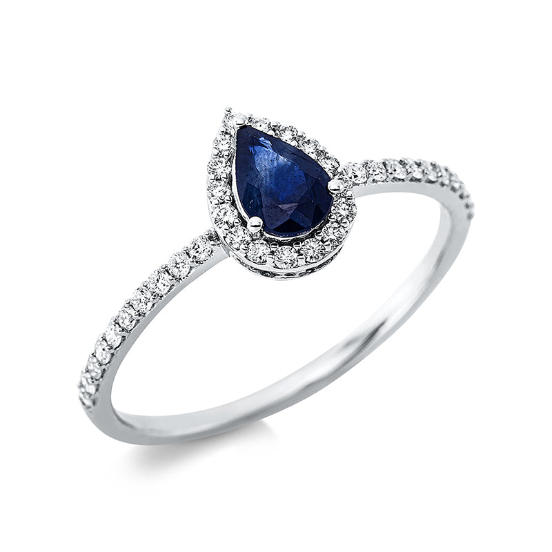 Ring 3er-Krappe 18 kt WG. 36 Brillanten 0.20 ct. TW-si. 1 Saphir 0.39 ct blau. H:6.0 mm. B:8.2 mm. Weite:54