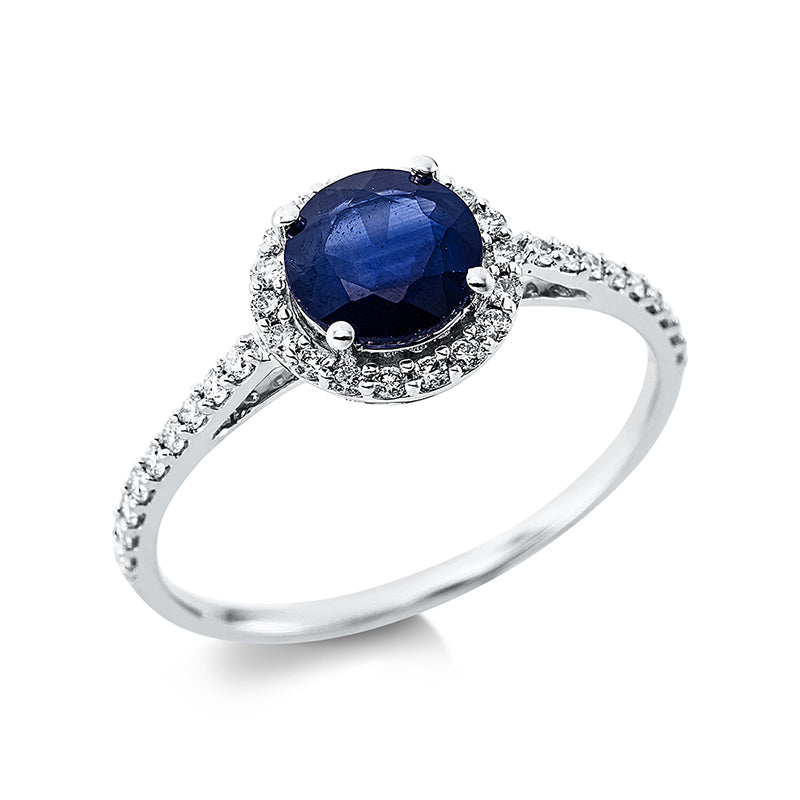 Ring 4er-Krappe 18 kt WG. 36 Brillanten 0.21 ct. TW-si. 1 Saphir 1.00 ct blau. Ø:8.4 mm. Weite:54