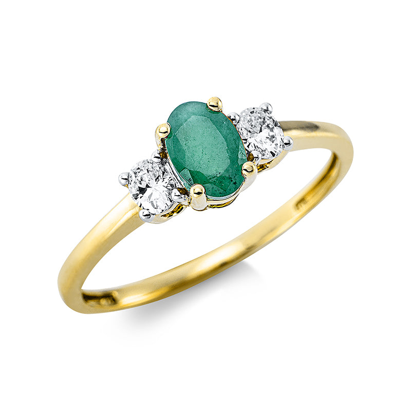 Ring 18 kt GG+WG. 2 Brillanten 0.19 ct. TW-si. 1 Smaragd 0.52 ct grün. H:9.6 mm. B:5.8 mm. Weite:54