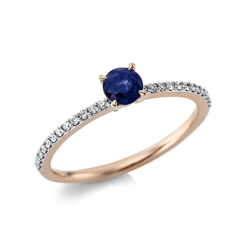 Ring 4er-Krappe 18 kt RG+WG. 24 Brillanten 0.12 ct. TW-si. 1 Saphir 0.38 ct blau. H:4.1 mm. B:4.1 mm. Weite:54