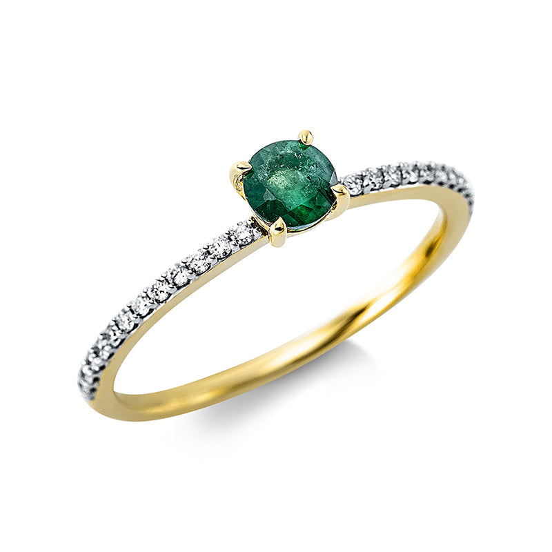 Ring 4er-Krappe 18 kt GG+WG. 24 Brillanten 0.12 ct. TW-si. 1 Smaragd 0.28 ct grün. H:4.0 mm. B:4.0 mm. Weite:54