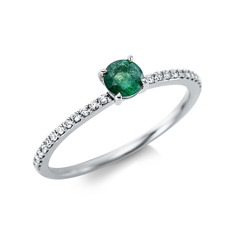 Ring 4er-Krappe 18 kt WG. 24 Brillanten 0.11 ct. TW-si. 1 Smaragd 0.27 ct grün. Weite:54