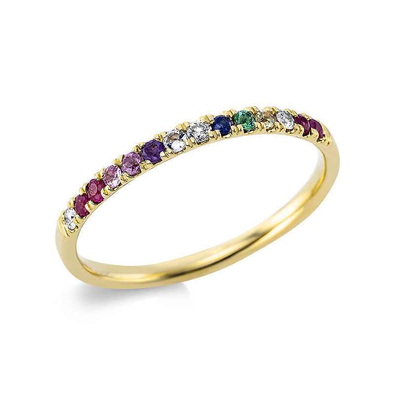 Ring 18 kt GG. 3 Brillanten 0.04 ct. TW-si. 11 Farbsteine 0.19 ct fancy. B:1.9 mm. Weite:54