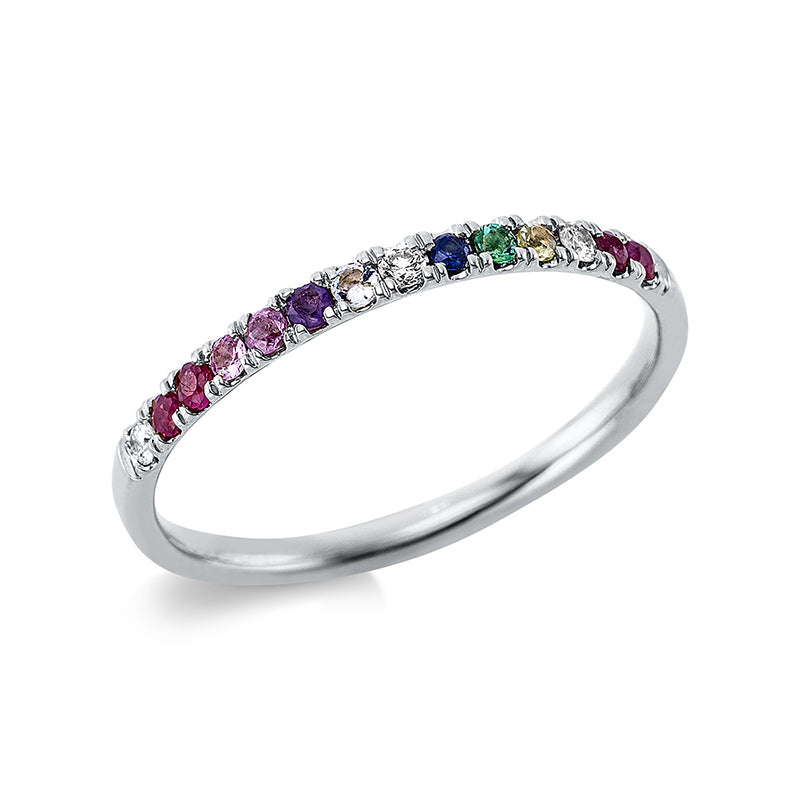 Ring 18 kt WG. 3 Brillanten 0.04 ct. TW-si. 11 Farbsteine 0.19 ct fancy. B:1.9 mm. Weite:54