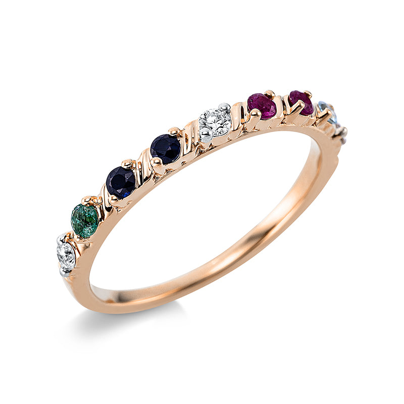 Ring 18 kt RG. 3 Brillanten 0.09 ct. TW-si. 6 Farbsteine 0.22 ct fancy. B:2.1 mm. Weite:54