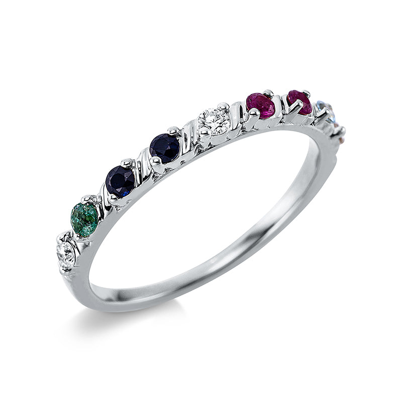 Ring 18 kt WG. 3 Brillanten 0.09 ct. TW-si. 6 Farbsteine 0.17 ct fancy. B:2.1 mm. Weite:54
