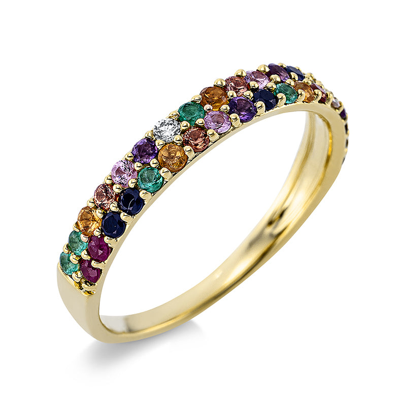 Ring 18 kt GG. 2 Brillanten 0.04 ct. TW-si. 34 Farbsteine 0.57 ct fancy. B:3.1 mm. Weite:54