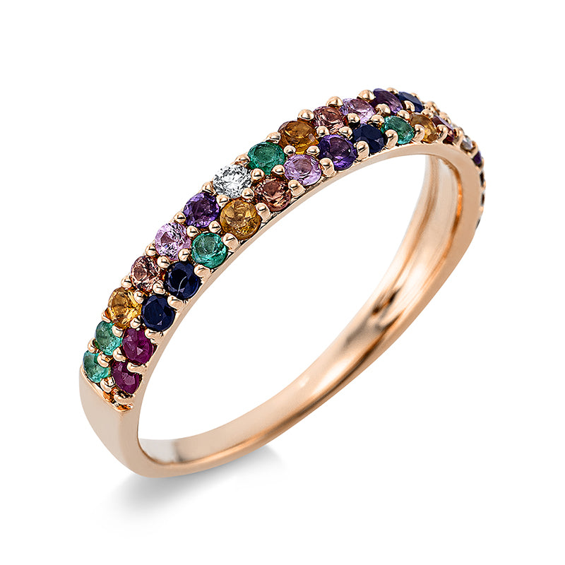 Ring 18 kt RG. 2 Brillanten 0.03 ct. TW-si. 34 Farbsteine 0.60 ct fancy. B:3.1 mm. Weite:54