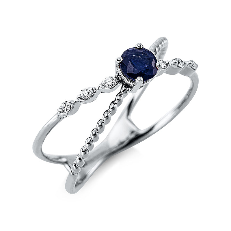 Ring 4er-Krappe 18 kt WG. 6 Brillanten 0.05 ct. TW-si. 1 Saphir 0.38 ct blau. H:3.9 mm. B:3.9 mm. Weite:54