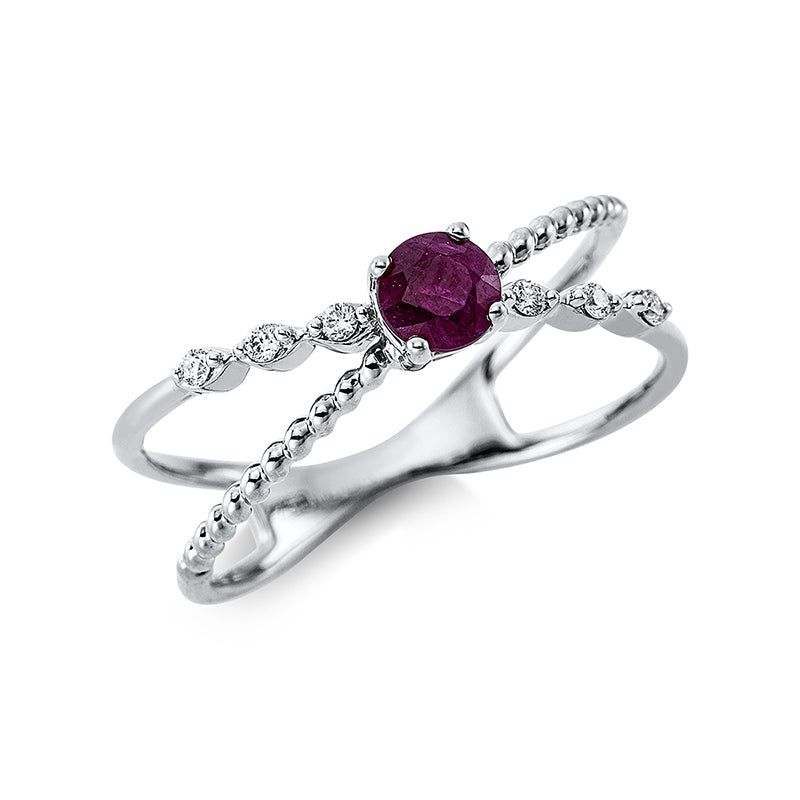Ring 4er-Krappe 18 kt WG. 6 Brillanten 0.05 ct. TW-si. 1 Rubin 0.38 ct rot. H:3.9 mm. B:3.9 mm. Weite:54