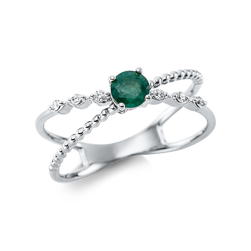 Ring 18 kt WG. 6 Brillanten 0.05 ct. TW-si. 1 Smaragd 0.23 ct grün. H:3.9 mm. B:4.1 mm. Weite:54
