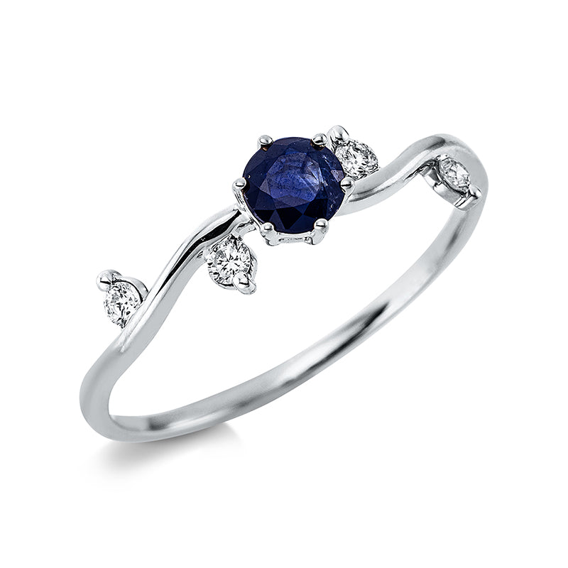 Ring 18 kt WG. 4 Brillanten 0.09 ct. TW-si. 1 Saphir 0.33 ct blau. H:4.2 mm. B:4.6 mm. Weite:54