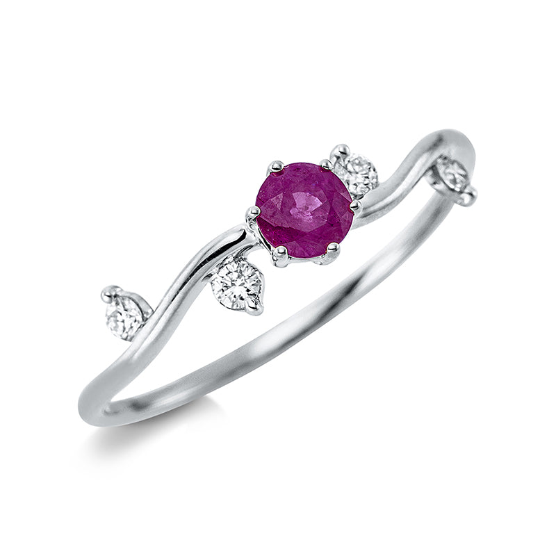 Ring 18 kt WG. 4 Brillanten 0.09 ct. TW-si. 1 Rubin 0.32 ct rot. H:3.9 mm. B:4.2 mm. Weite:54
