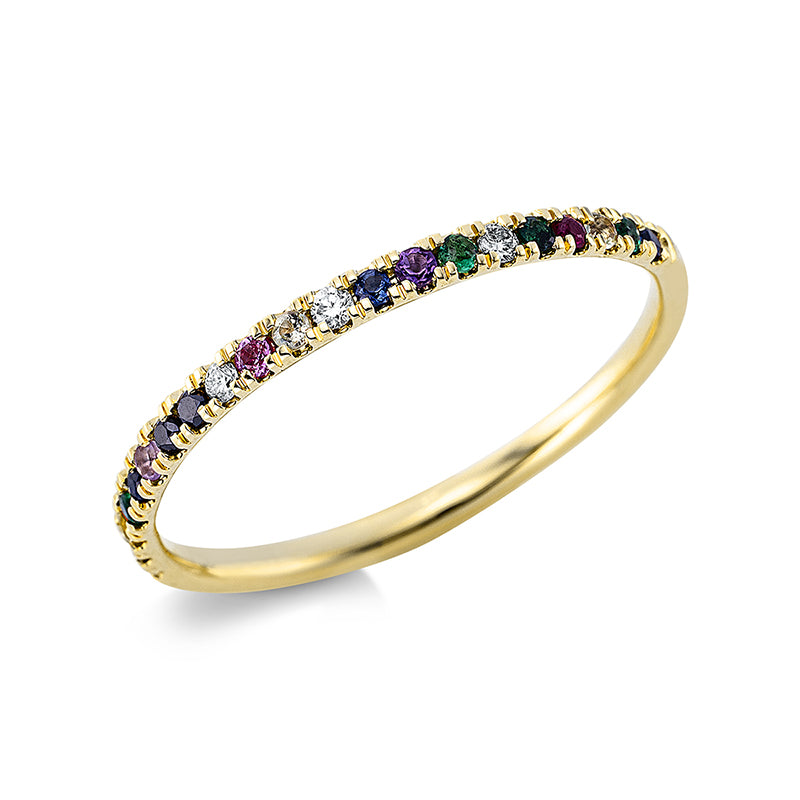 Ring 18 kt GG. 4 Brillanten 0.04 ct. TW-si. 2 Brillanten 0.02 ct. schwarz. 15 Farbsteine 0.21 ct fancy. B:1.5 mm. Weite:54