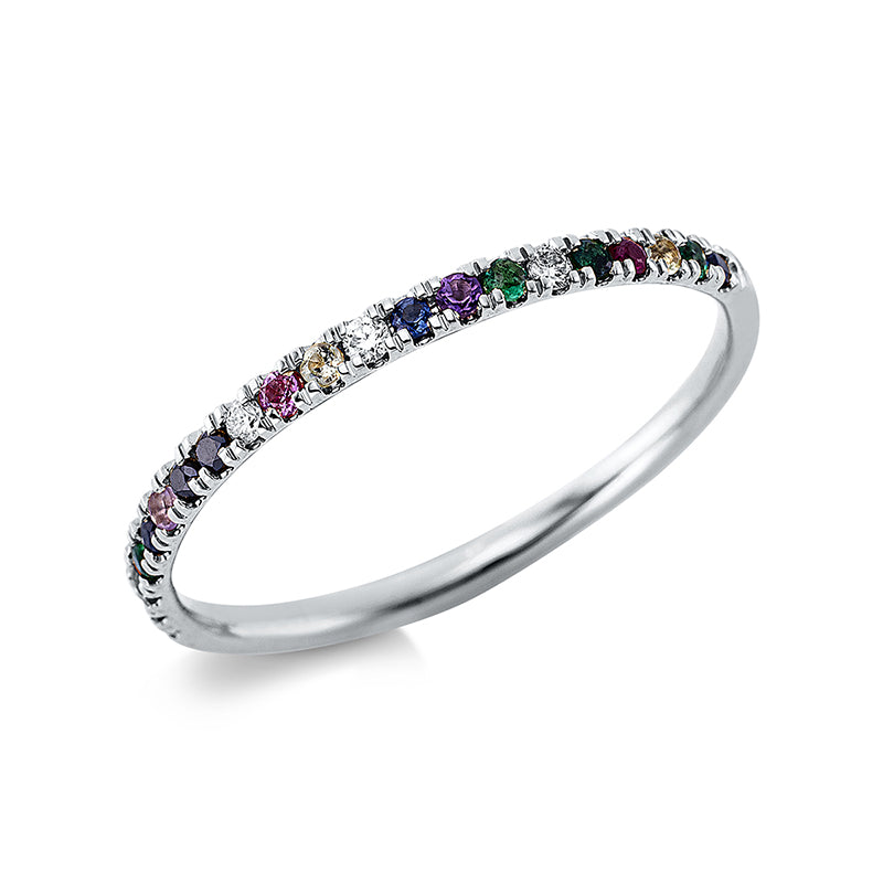 Ring 18 kt WG. 6 Brillanten 0.04 ct. TW-si. 2 Brillanten 0.02 ct. schwarz. 15 Farbsteine 0.21 ct fancy. B:1.5 mm. Weite:54