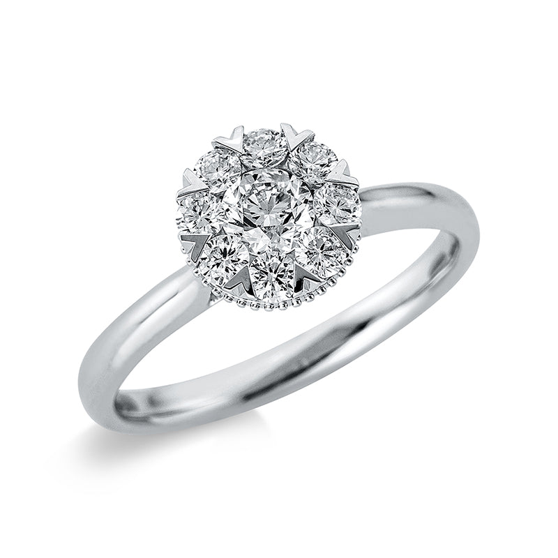 Ring 18 kt WG, 1 Brill. 0,30 ct, TW-si, 8 Brill. 0,35 ct, TW-si