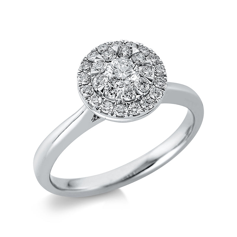 Ring 18 kt WG. 1 Brill. 0.19 ct. TW-si. 26 Brillanten 0.35 ct. TW-si. Ø:9.6 mm. Weite:54