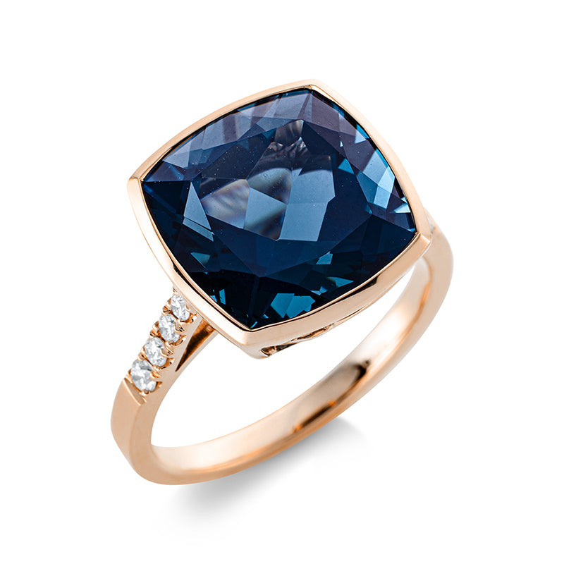 Ring 18 kt RG, 8 Brill. 0,17 ct, TW-si, 1 Topas 9,60 ct Lond. blue