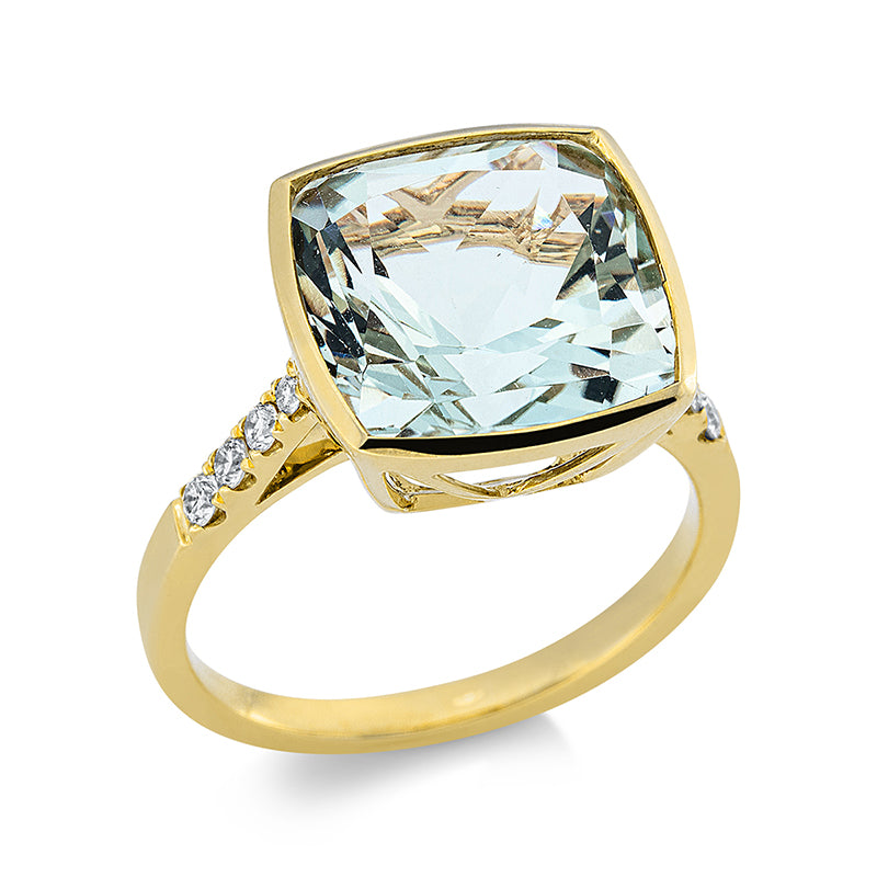 Ring 18 kt GG. 8 Brillanten 0.17 ct. TW-si. 1 Amethyst 7.40 ct grün. H:12.9 mm. B:12.9 mm. Weite:54
