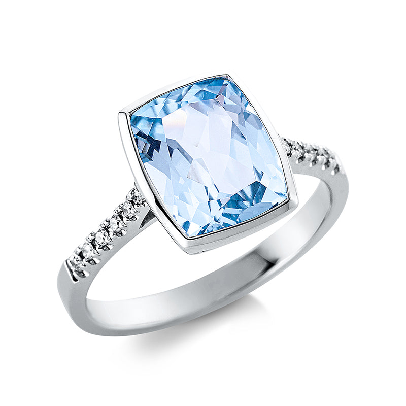 Ring 18 kt WG. 12 Brillanten 0.08 ct. TW-si. 1 Topas 4.00 ct sky blue. H:9.3 mm. B:11.0 mm. Weite:54