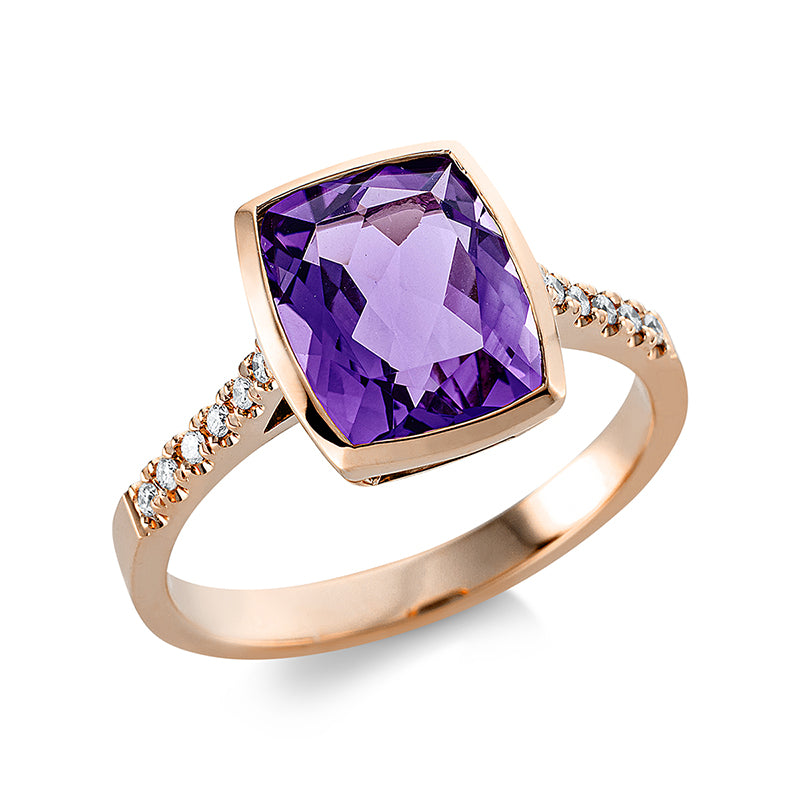 Ring 18 kt RG. 12 Brillanten 0.08 ct. TW-si. 1 Amethyst 3.00 ct lila. H:9.3 mm. B:11.0 mm. Weite:54