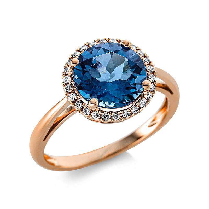 Ring 18 kt RG, 26 Brill. 0,14 ct, TW-si, 1 Topas 3,00 ct Lond. blue