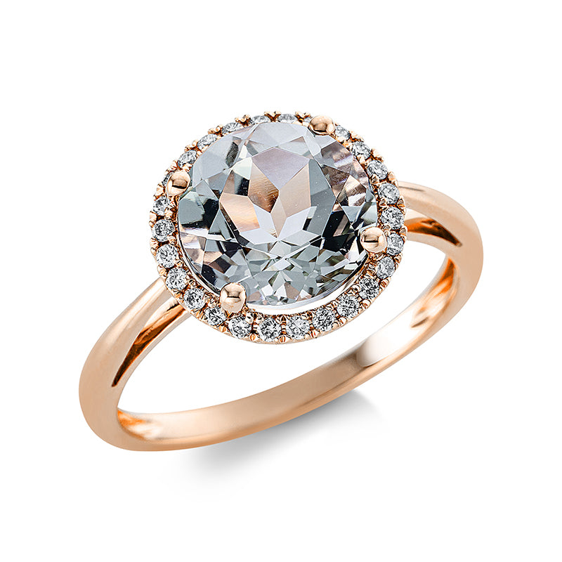 Ring 4er-Krappe 18 kt RG. 26 Brillanten 0.14 ct. TW-si. 1 Amethyst 2.70 ct grün. Ø:11.3 mm. Weite:54