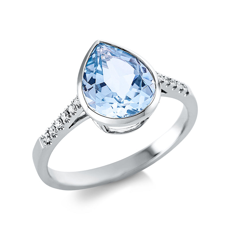 Ring 18 kt WG. 12 Brillanten 0.08 ct. TW-si. 1 Topas 3.10 ct sky blue. H:8.8 mm. B:11.1 mm. Weite:54