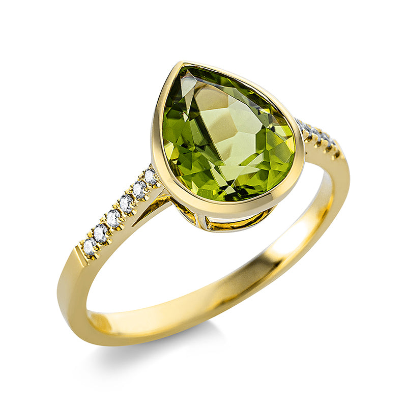 Ring 18 kt GG. 12 Brillanten 0.08 ct. TW-si. 1 Peridot 2.70 ct grün. H:8.8 mm. B:11.1 mm. Weite:54