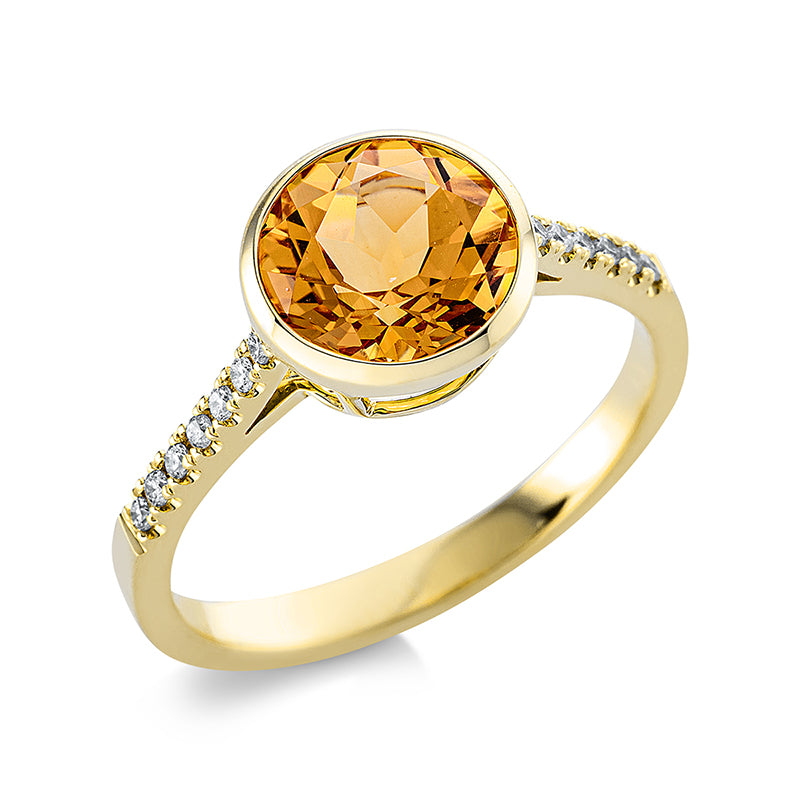 Ring 18 kt GG, 14 Brill. 0,09 ct, TW-si, 1 Citrin 1,90 ct gelb