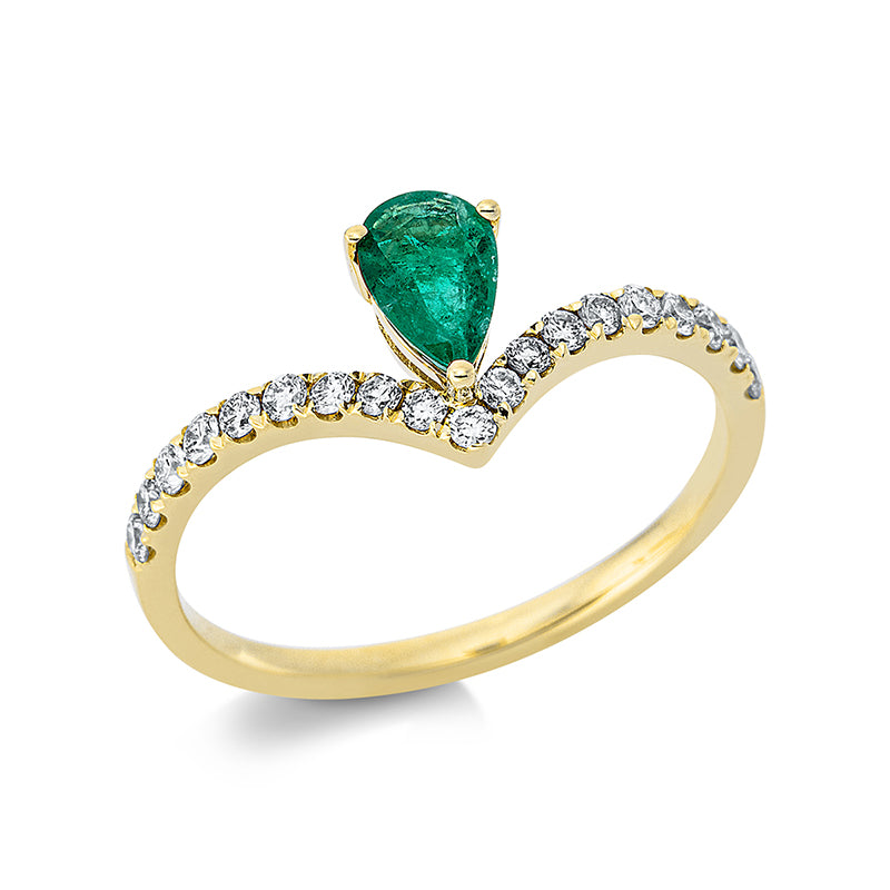 Ring 3er-Krappe 18 kt GG. 19 Brillanten 0.28 ct. TW-si. 1 Smaragd 0.40 ct grün. B:8.4 mm. Weite:54