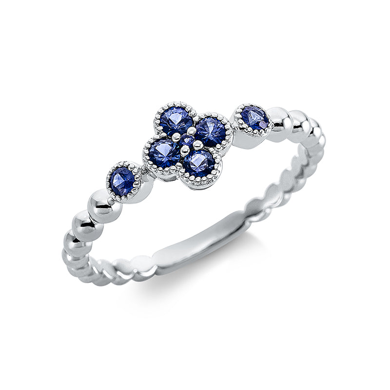 Ring 18 kt WG. 7 Saphire 0.30 ct blau. B:6.6 mm. Weite:54