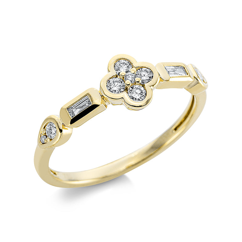 Ring 18 kt GG, 1 Brill. 0,01 ct, TW-si, 2 Brill. 0,07 ct, TW-si, 4 Brill. 0,16 ct, TW-si, 2 Bag. 0,07 ct, TW-si, 2 Brill. 0,01 ct, TW-si