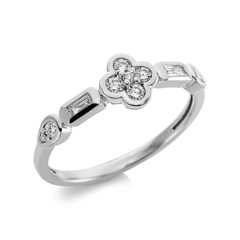 Ring 18 kt WG, 1 Brill. 0,01 ct, TW-si, 2 Brill. 0,07 ct, TW-si, 4 Brill. 0,16 ct, TW-si, 2 Bag. 0,08 ct, TW-si, 2 Brill. 0,01 ct, TW-si