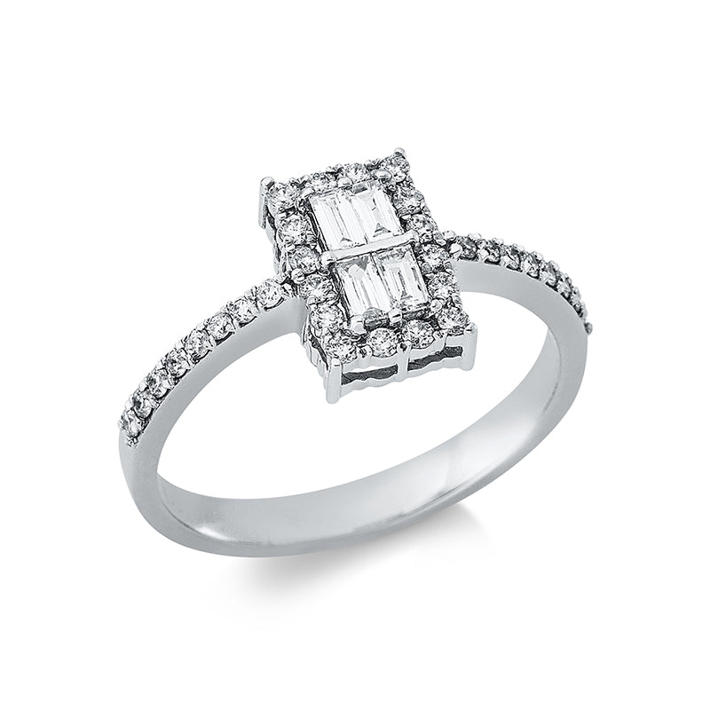 Ring 14 kt WG, 4 Bag. 0,17 ct, F-vsi, 32 Brill. 0,27 ct, F-si
