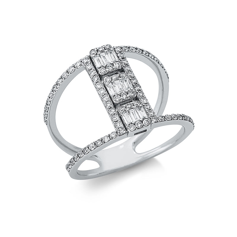 Ring 14 kt WG, 9 Bag. 0,17 ct, F-vsi, 82 Brill. 0,54 ct, F-si