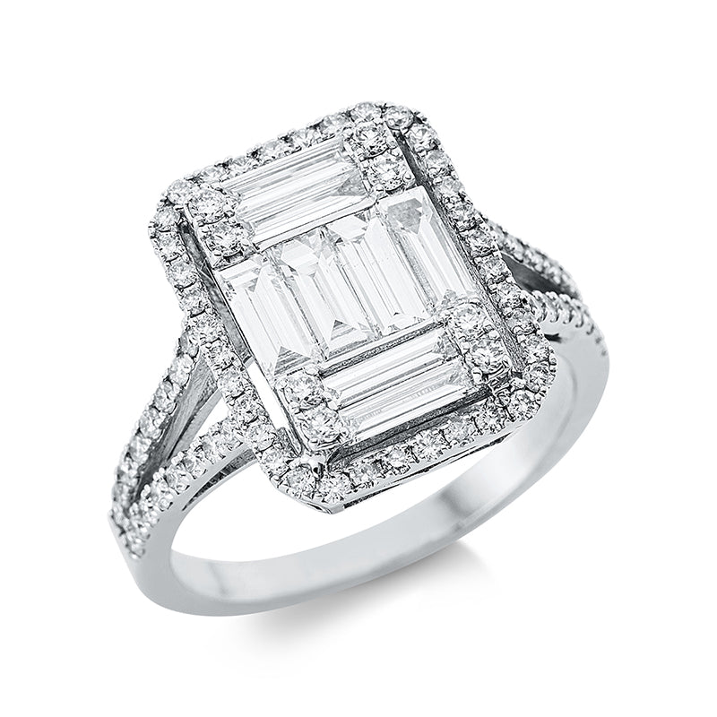 Ring 18 kt WG, 8 Brill. 0,11 ct, F-vsi, 4 Bag. 0,31 ct, F-vsi, 4 Bag. 0,65 ct, F-vsi, 68 Brill. 0,49 ct, F-vsi