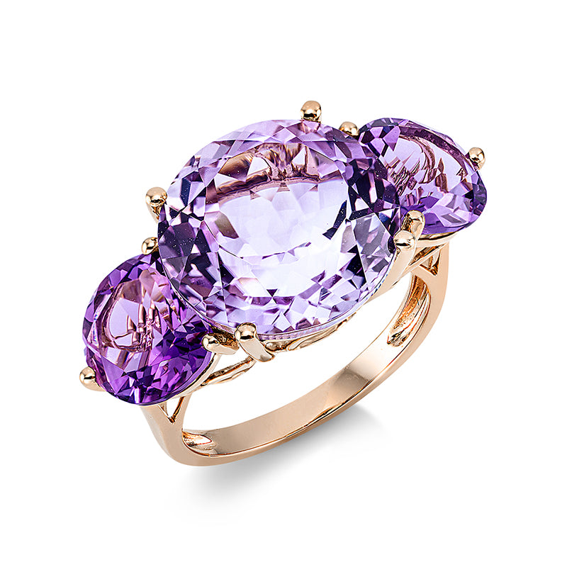 Ring 4er-Krappe 18 kt RG. 1 Amethyst 10.20 ct pink. 2 Amethyste 4.70 ct lila. Weite:54