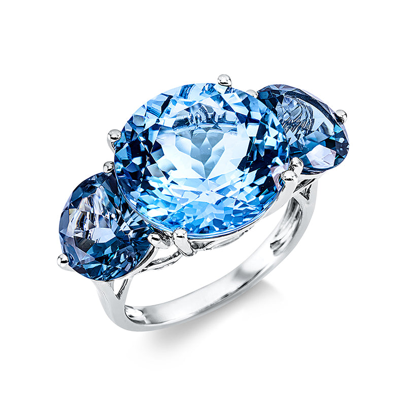 Ring 4er-Krappe 18 kt WG. 1 Topas 13.30 ct blau. 2 Blautopase 5.60 ct Lond. blue. Weite:54