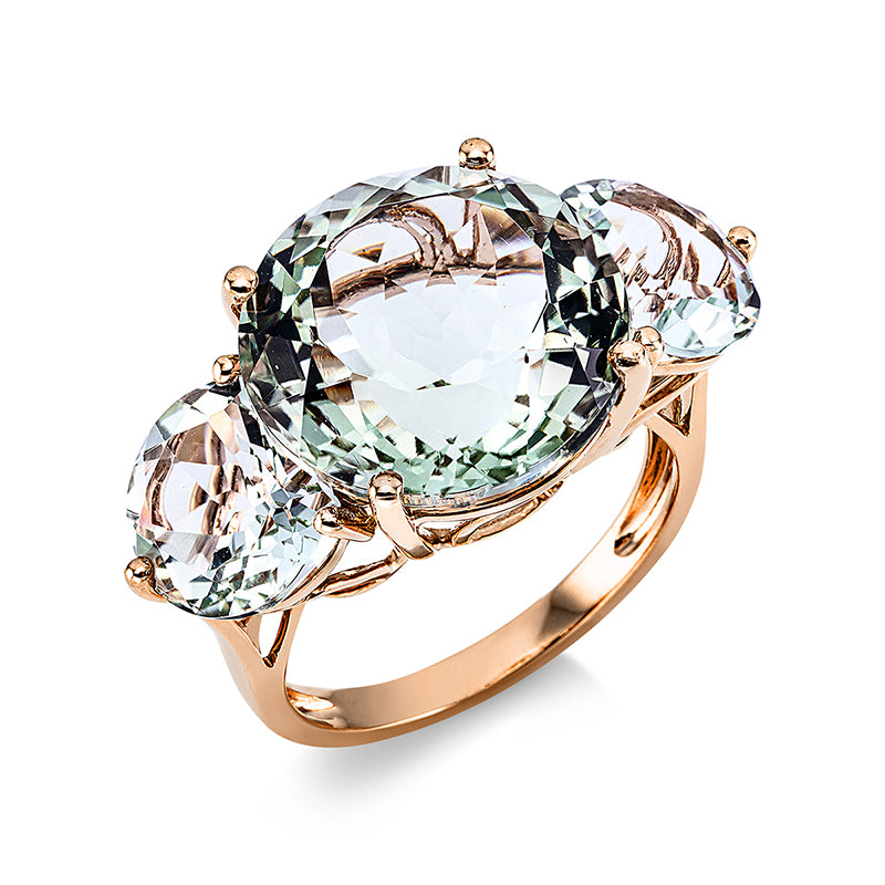 Ring 4er-Krappe 18 kt RG. 1 Amethyst 10.20 ct grün. 2 Amethyste 4.70 ct grün. Weite:54