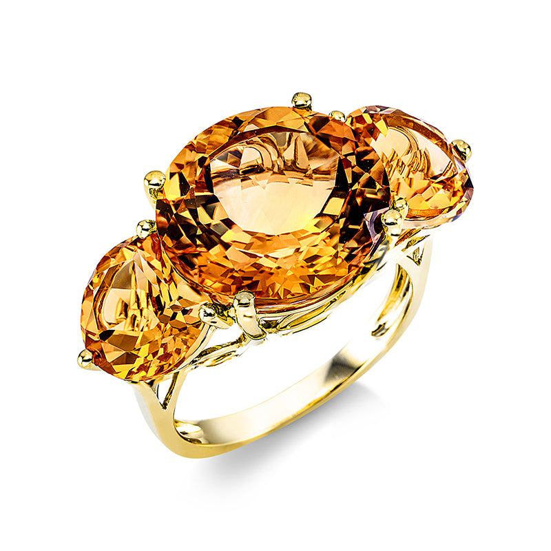 Ring 4er-Krappe 18 kt GG. 1 Citrin 10.20 ct gelb. 2 Citrin 4.70 ct gelb. Weite:54