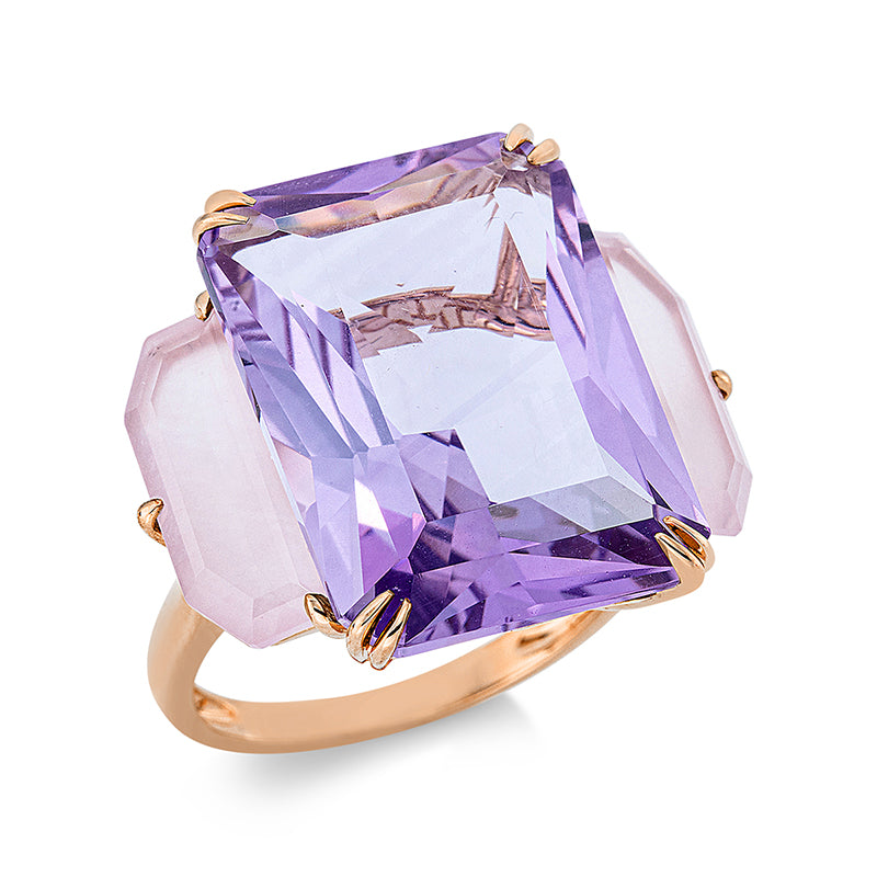 Ring 18 kt RG, 1 Amethyst 19,30 ct pink, 2 Rosenquarz 4,30 ct rosa