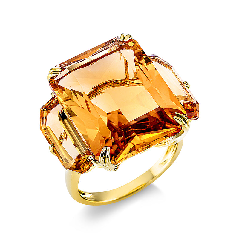Ring 18 kt GG, 1 Citrin 19,30 ct gelb, 2 Citrin 4,30 ct gelb
