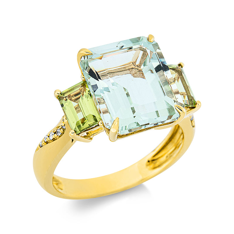 Ring 18 kt GG, 10 Brill. 0,04 ct, TW-si, 1 Amethyst 6,50 ct grün, 2 Peridot 1,40 ct grün